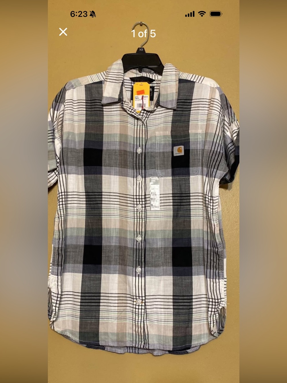 NWT Carhartt Women's Small Plaid Short-Sleeve Button-Up Shirt Loose Fit Twill